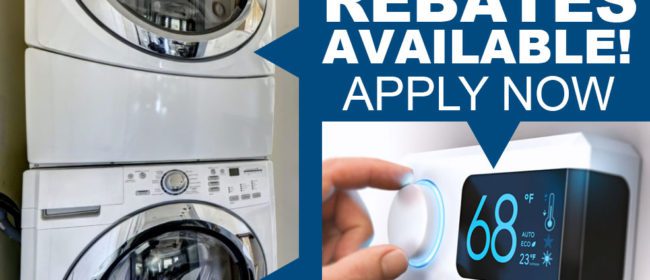 Rebates available graphic. Laundry machines and smart thermostat images