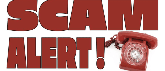 Scam Alert! in big, bold, red letters beside a red rotary dial phone